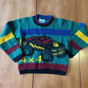 VTG 80s Toddler Cable Knit Monster Truck 4x4 Sweater Made In USA Hot Cashews 4T